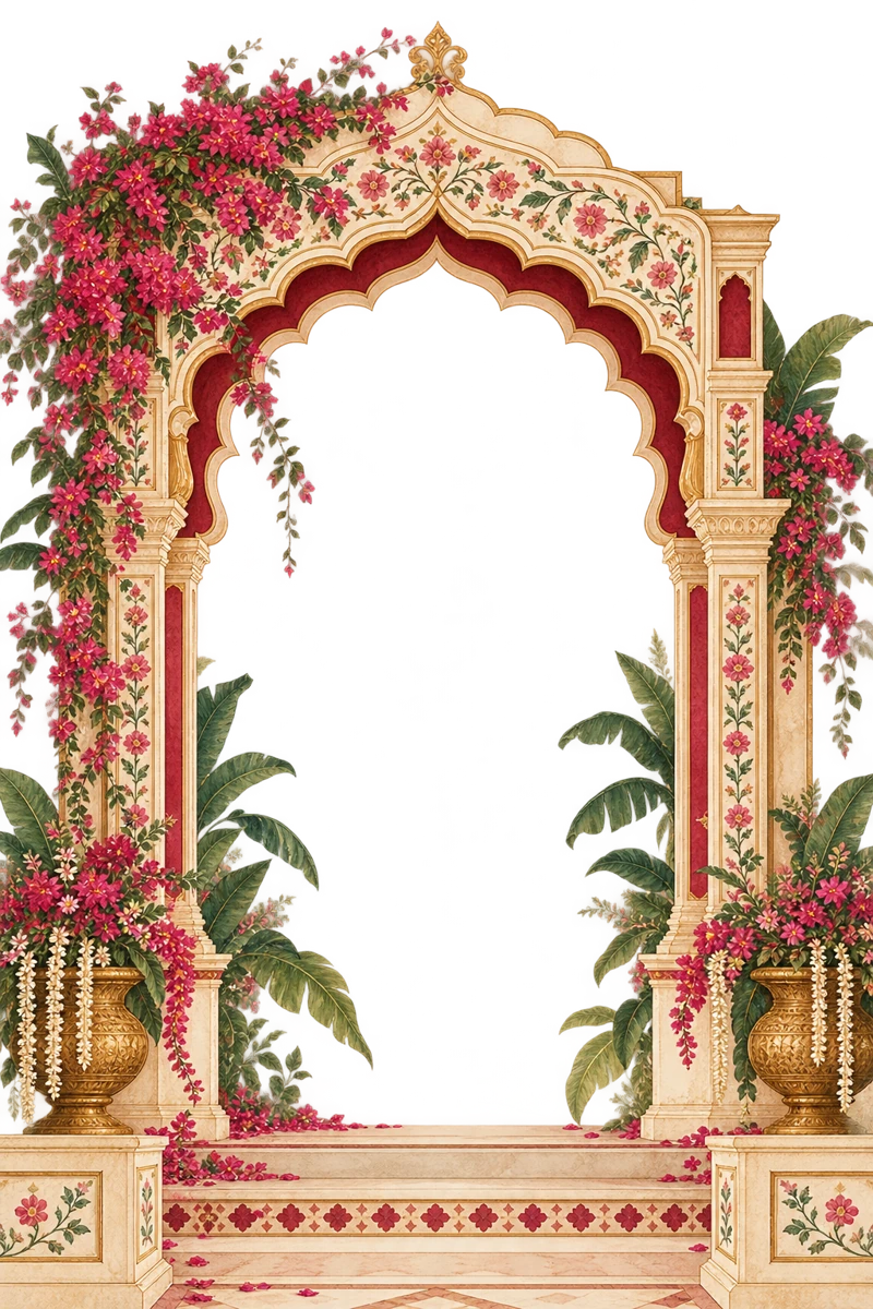 Bougainvillea and carved stone arch framing the statement