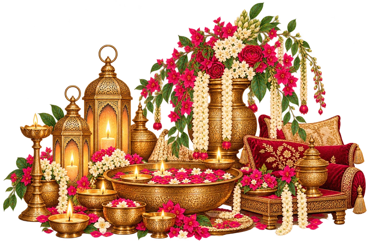 Illustrated brass lanterns, flowers and an urli