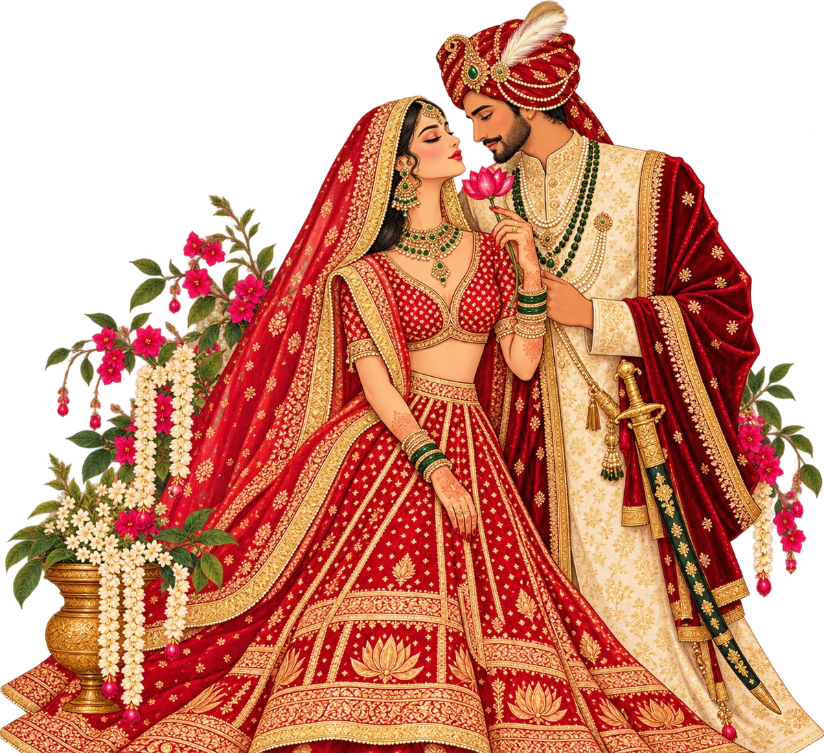 Illustrated Indian wedding couple with ornate red and gold attire