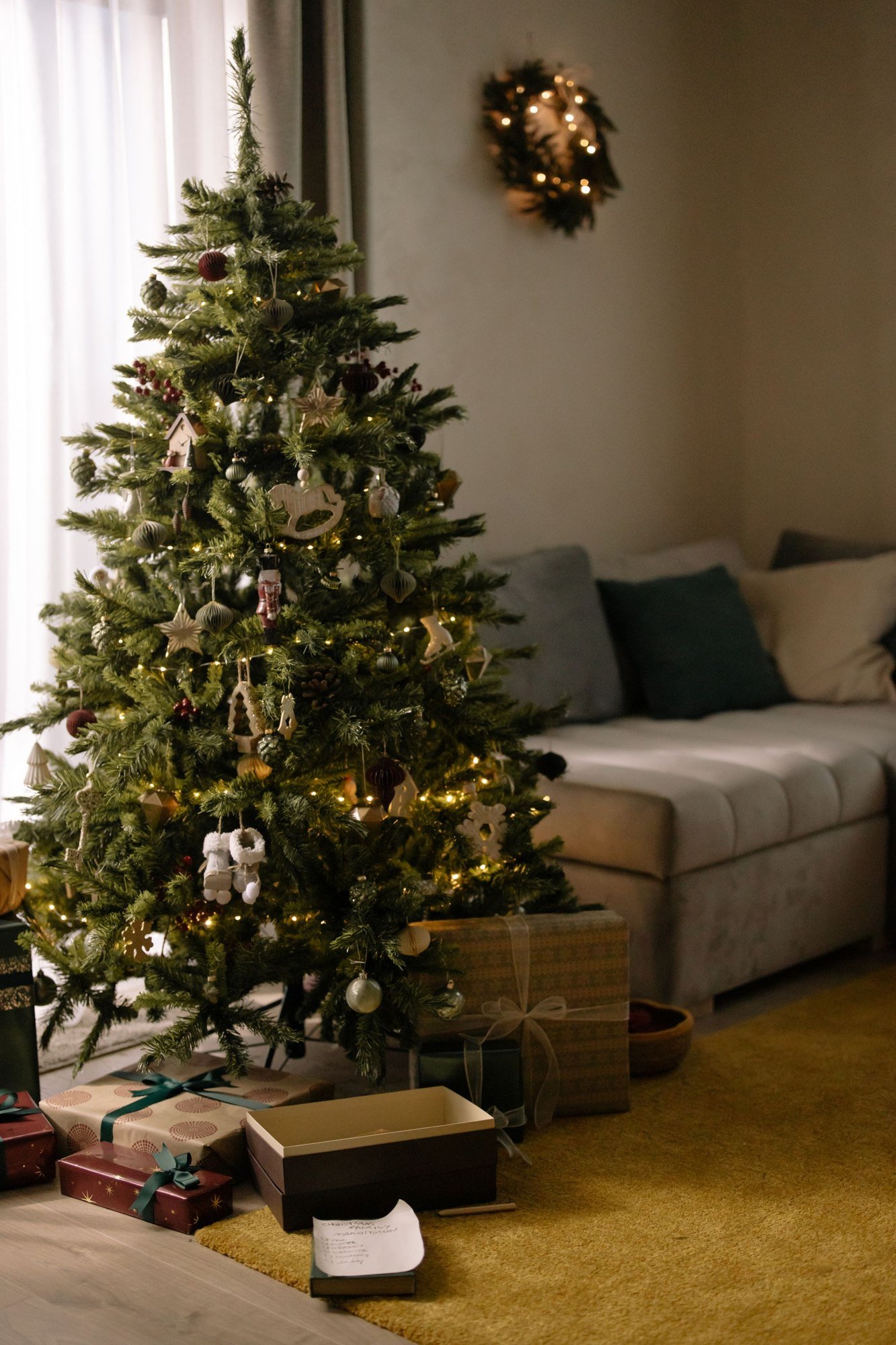 A Christmas corner, dressed in warm light