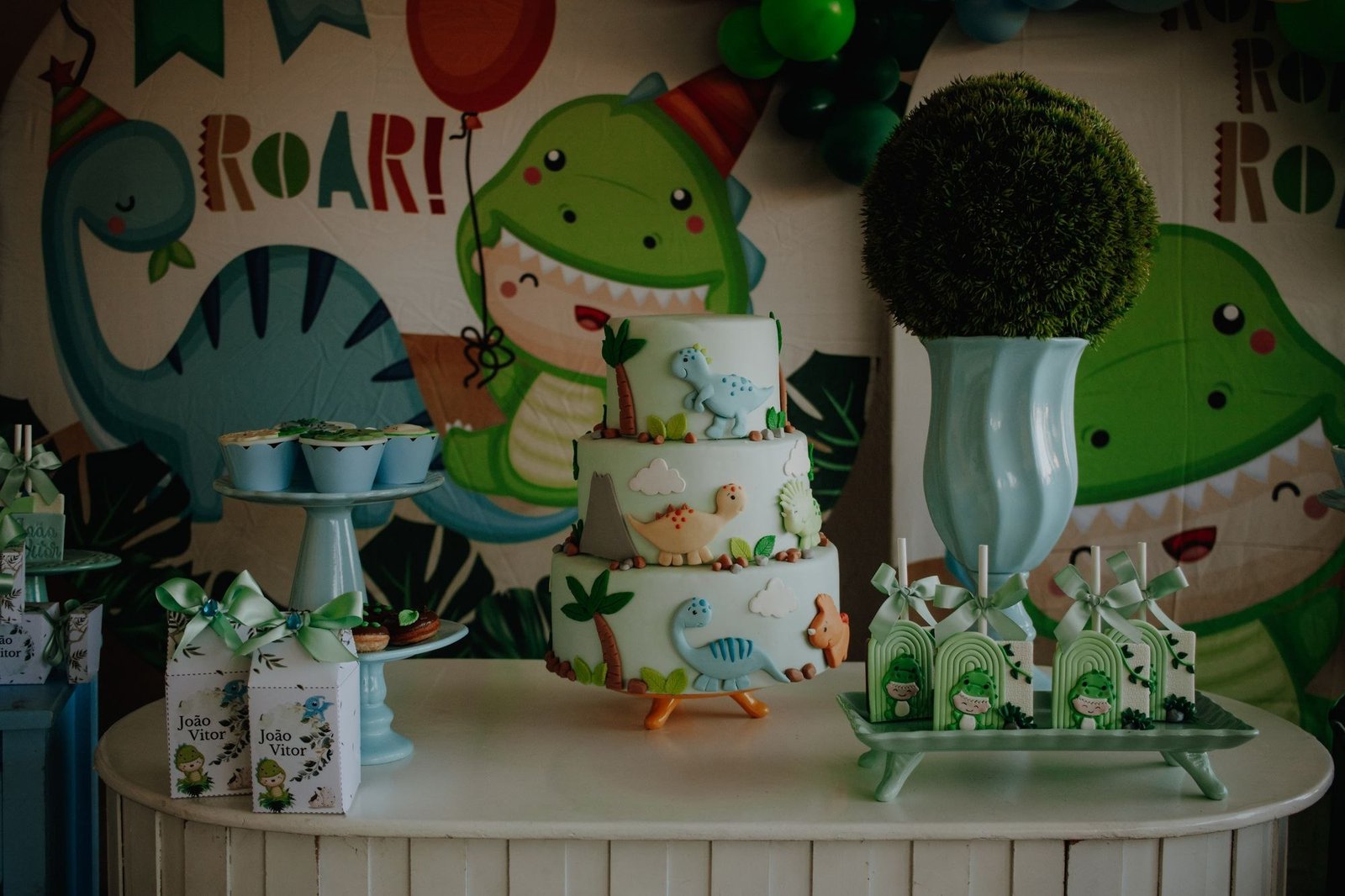 A playful dinosaur-themed celebration